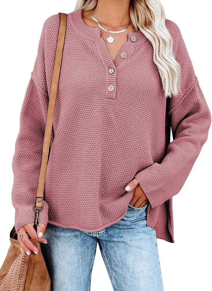 SHEWIN Sweaters for Women Casual Long Sleeve V Neck Waffle Knit Pullover Fall Sweater Tops 2023 | Amazon (US)