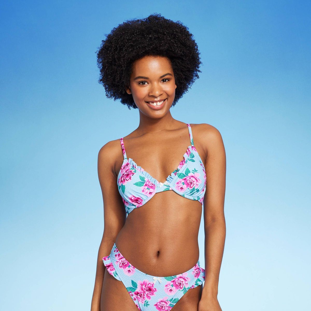 Women'sRuffle Underwire Bikini Top - Wild Fable™ Blue Floral Print M: Adjustable Straps, Back T... | Target