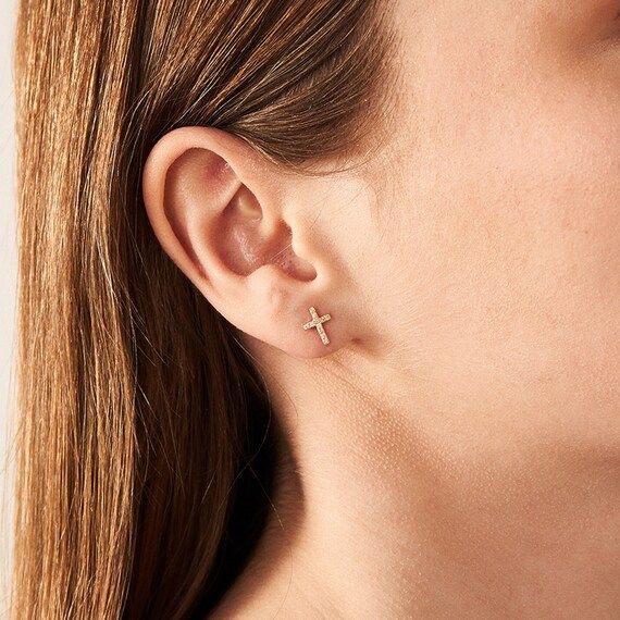 14k Gold Diamond Cross Stud Earrings  Real Diamond Cross | Etsy | Etsy (US)