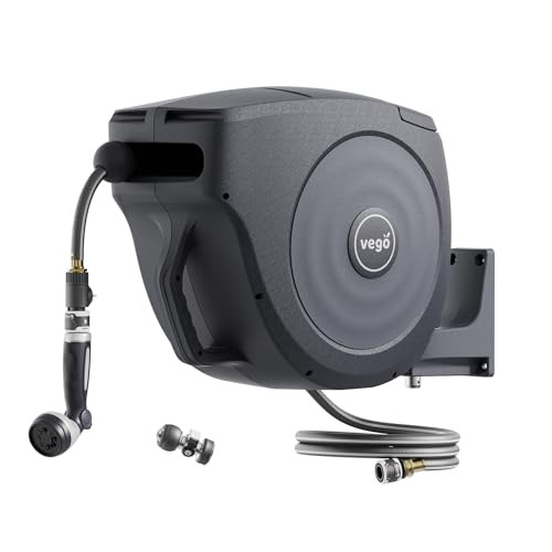 Garden Hose Reel Retractable 1/2" x 65ft Wall Mounted Hose Reel Automatic Rewind, Any Length Lock with 9 Patterns Sprayer Nozzle, Quick Connector and Adjustable shot Nozzle- Tidepool Blue | Amazon (US)