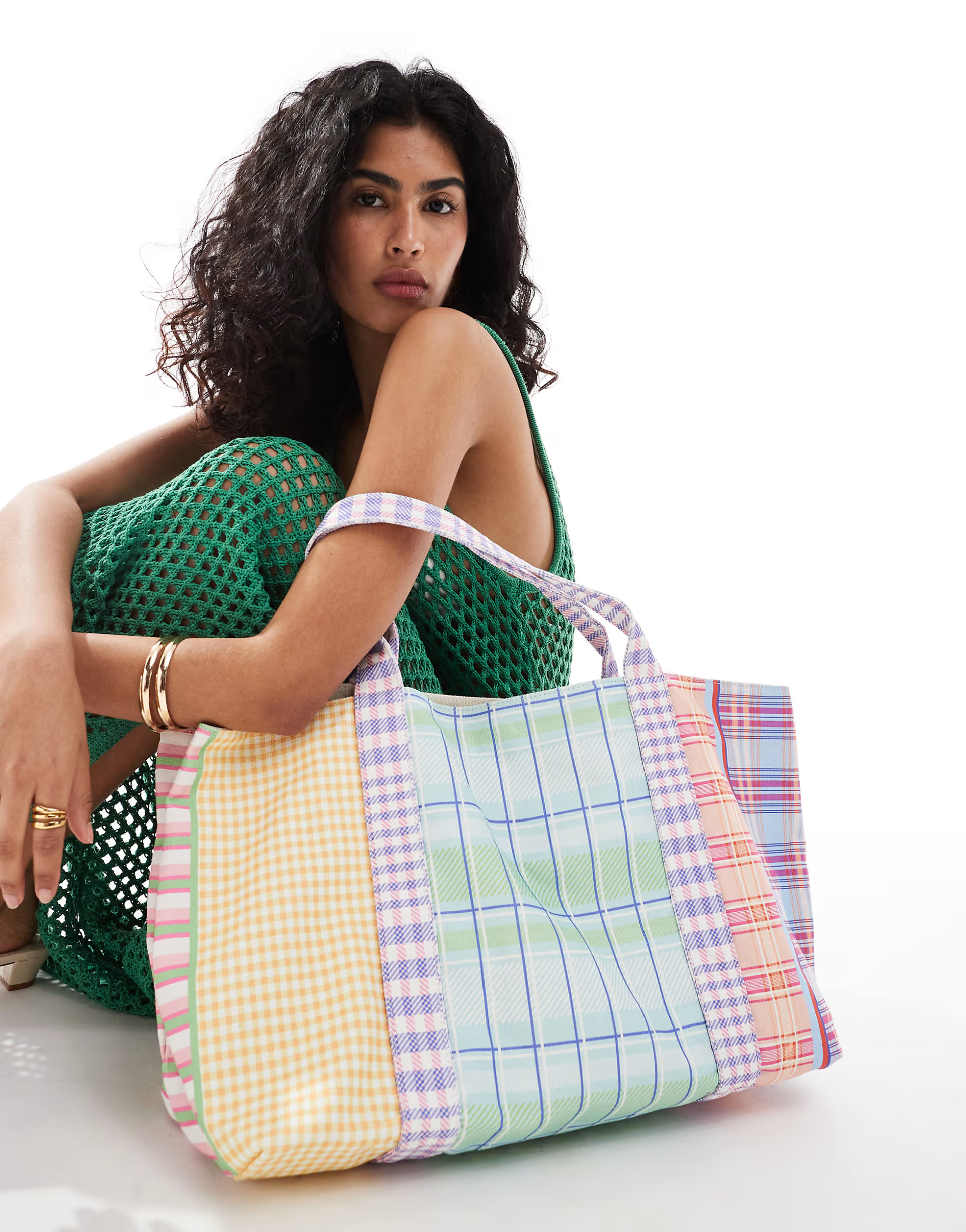 Mango large mixed check shopper bag in multi | ASOS (Global)