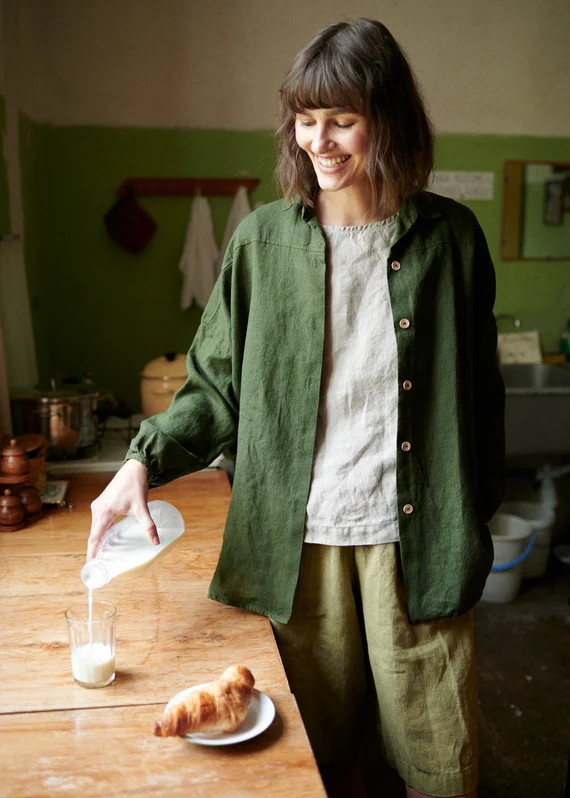 Lyn Forest Green Shirt  Washed Linen Shirt  Linen Shirt  | Etsy | Etsy (US)