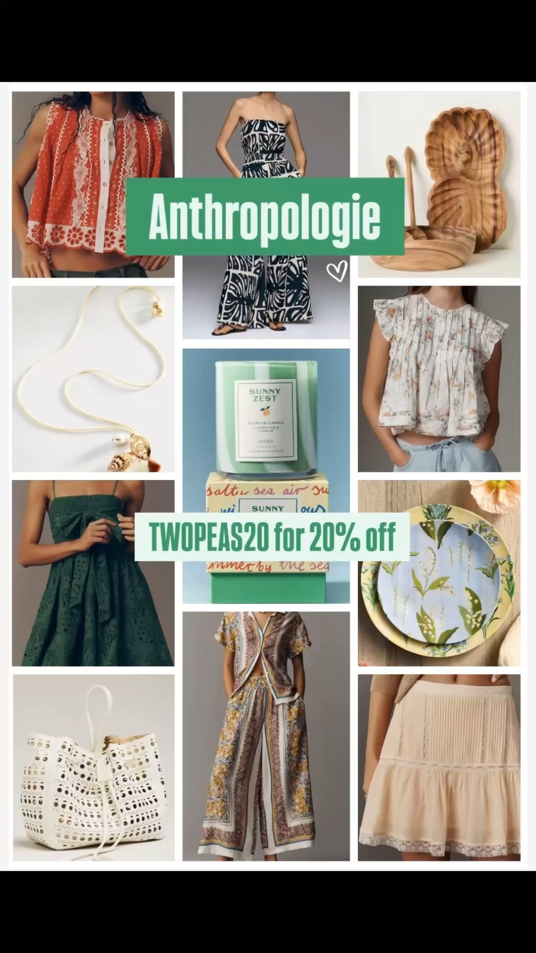 TWOPEAS20 for 20% off at Anthropologie. Last day to save 20%. Spring and Summer styles. Anthropologie. 

#LTKSaleAlert #LTKSeasonal