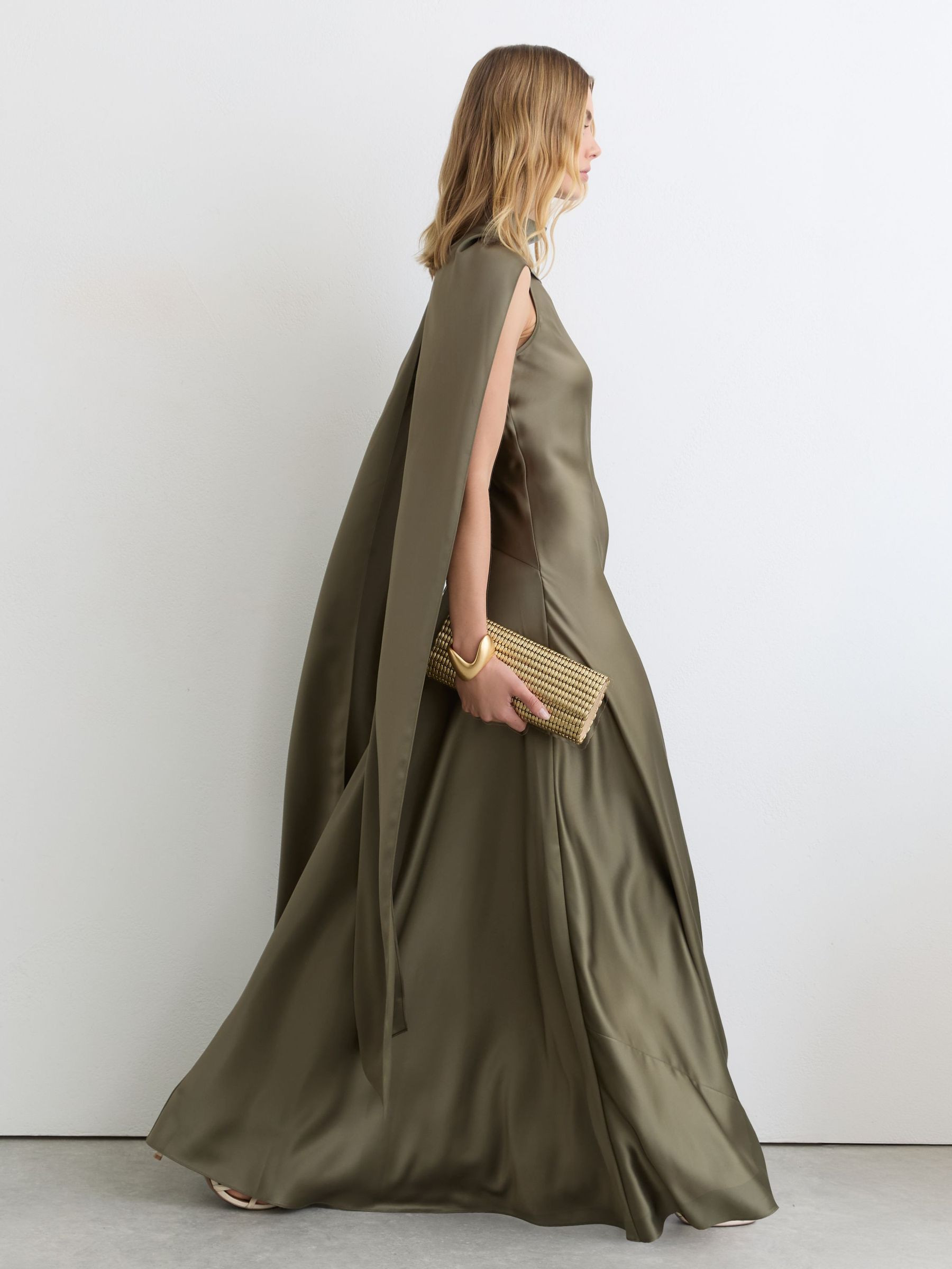 Reiss Satin Cape Maxi Dress in Khaki Green - REISS | Reiss UK