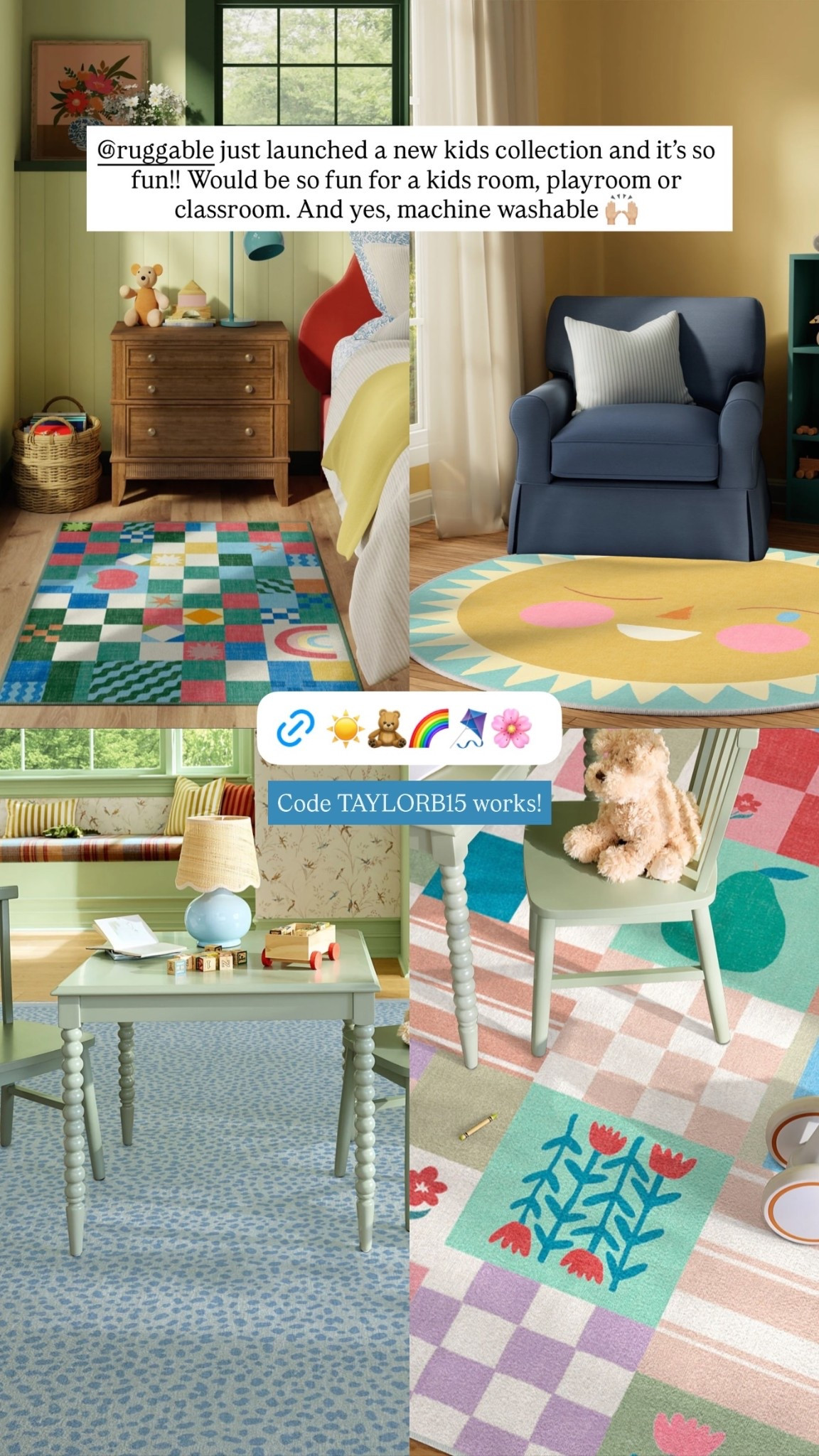 Code TAYLORB15 works! @ruggable just launched a new kids collection and it’s so fun!! Would be so fun for a kids room, playroom or classroom. And yes, machine washable 🙌🏼