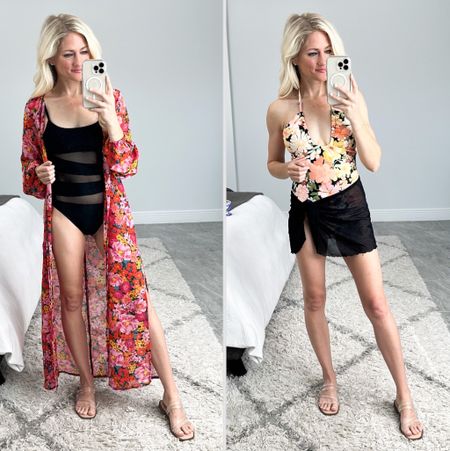 Target one piece swimwear! wearing XS in both. Black swim is full coverage, floral is mildly cheeky (medium coverage). Black coverup sarong I’m wearing XXS/XS and the open front tie floral maxi coverup dress in a small. Good length for petites. 

#LTKFind #LTKunder50 #LTKstyletip