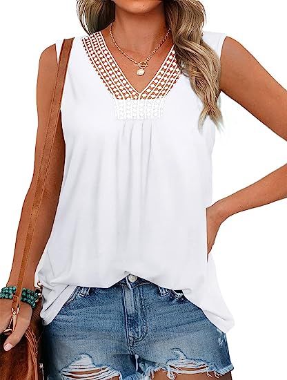 XIEERDUO Women's Flowy Tank Tops Crochet Lace V Neck Sleeveless Shirts | Amazon (US)