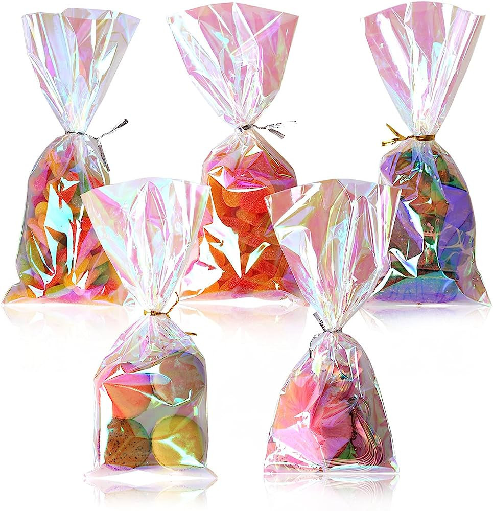 QTOP Cellophane Treat Bags,Iridescent Holographic Goodie Bags, Clear Cello Bags with Twist Ties f... | Amazon (US)