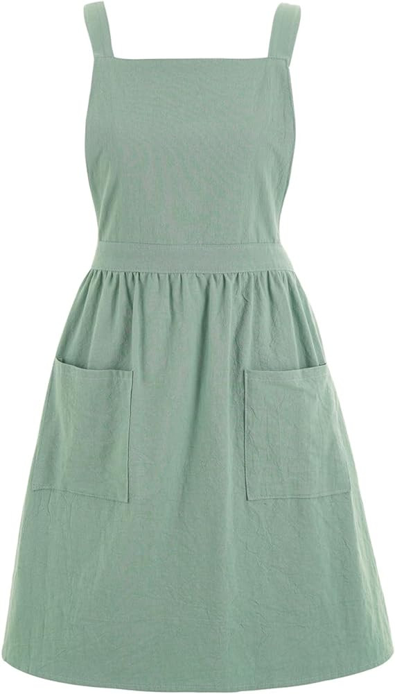 Cotton Linen Pinafore Apron Dress for Women with Pockets Cute Art Chef Aprons for Kitchen Baking ... | Amazon (US)