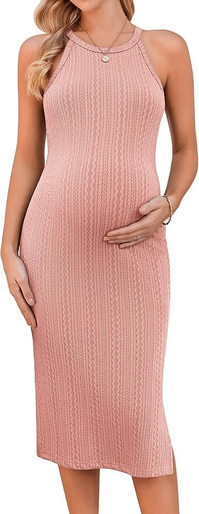 Ekouaer Maternity Dress Rib Knit Side Slit Stretchy Bodycon Pregnancy Dresses Halter Neck Sleevel... | Amazon (US)
