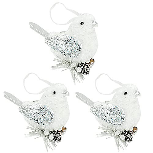Nature Vibe Faux Fur White Silver Christmas Ornaments,Set of 3 Furry Birds with Pinecone as Christmas Tree Decorations,Woodland Animals Figurines as Winter Decor | Amazon (US)