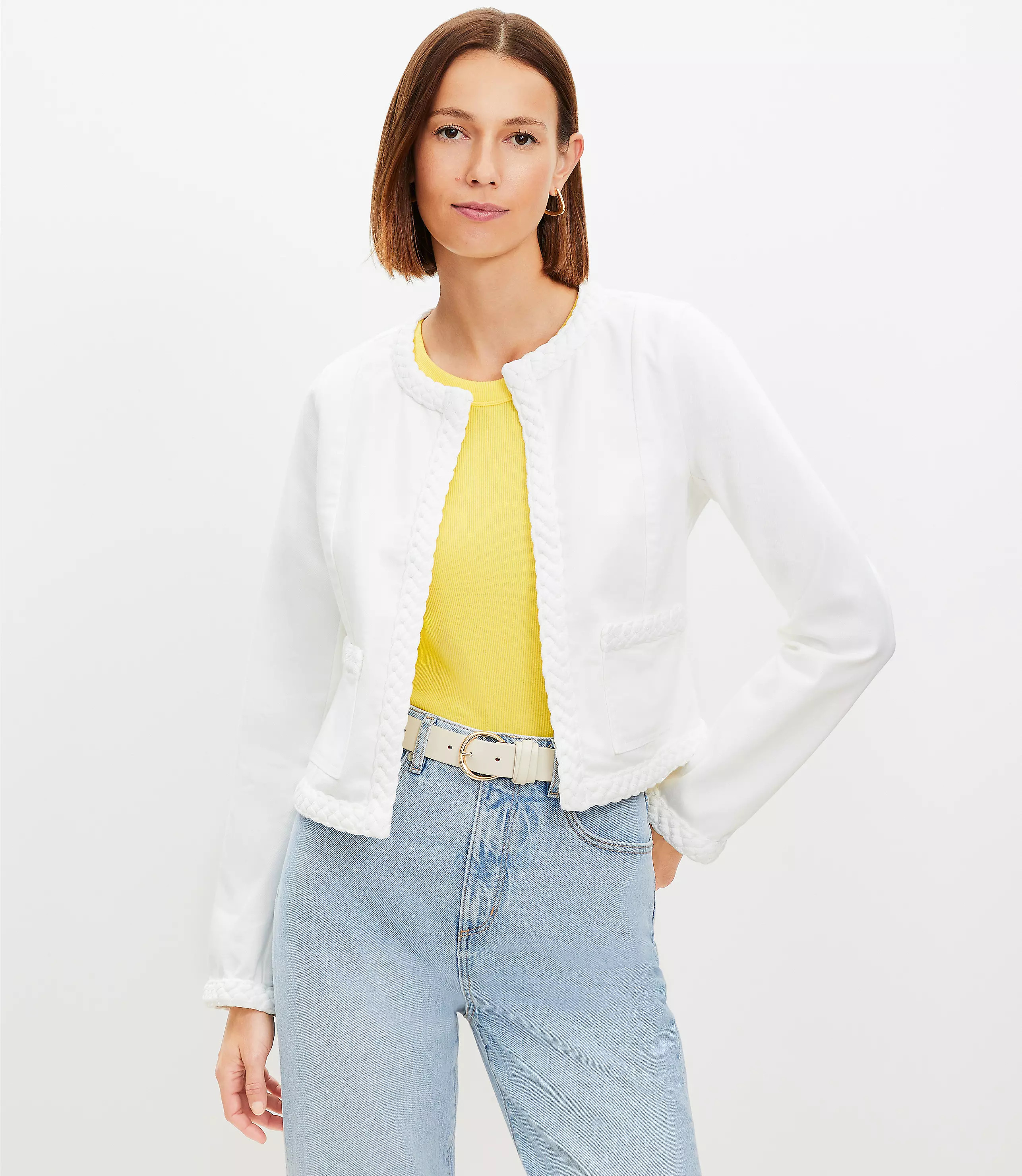 Braided Denim Jacket in White | LOFT