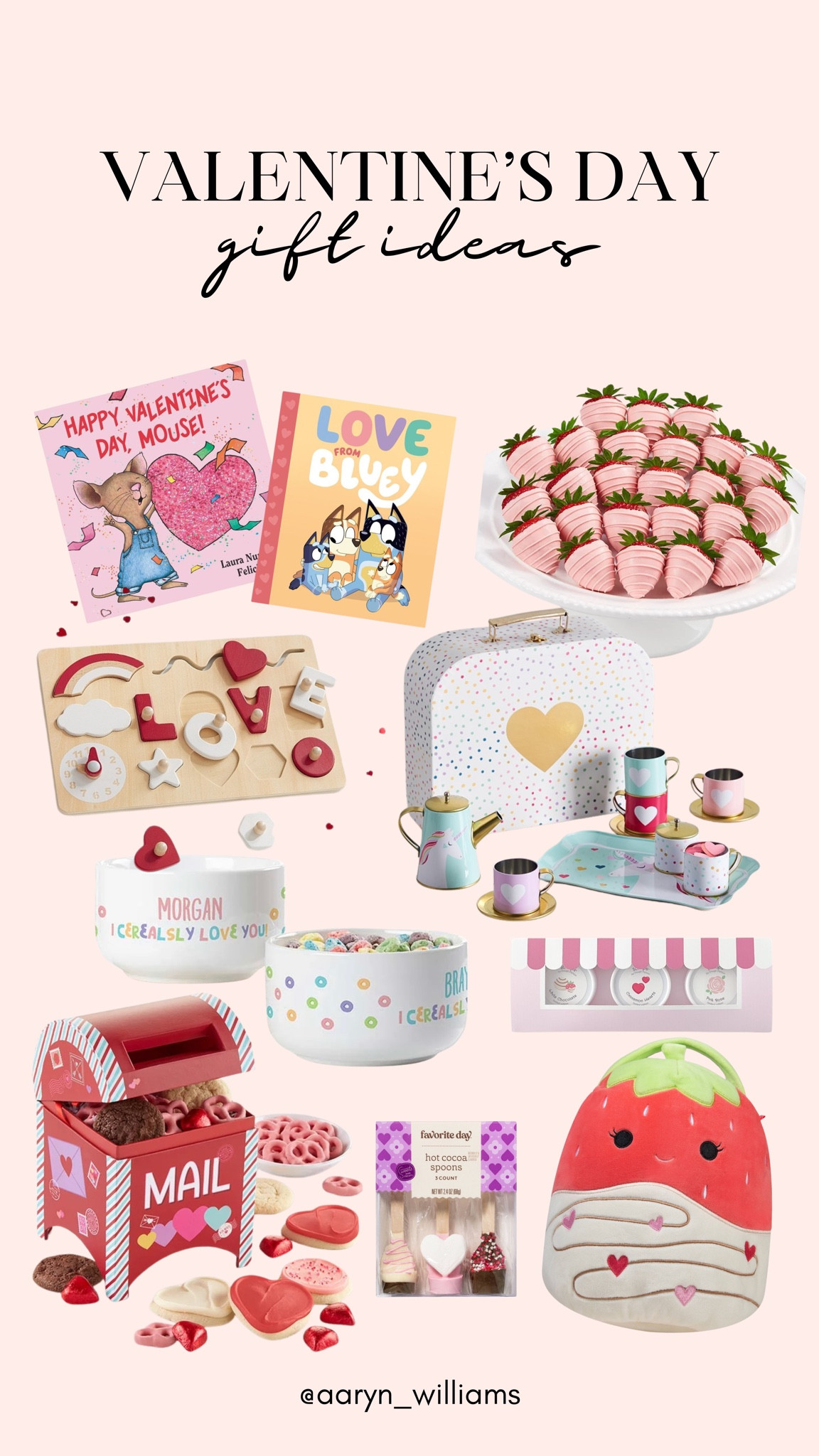 Gift ideas for kids and friends! ❤️💘💕🥰 

Valentine’s Day, gift basket, gift guide, valentines gift ideas, chocolate covered shari’s berries, Bluey, books for kids, busy board, puzzle, kids tea set, personalized gifts, cookie mail box, squishmallows 

#LTKMostLoved #LTKGiftGuide #LTKkids