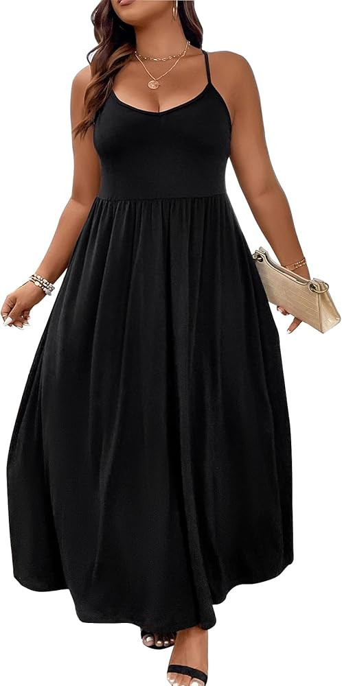 Women's Plus Size Cami Dresses Solid Criss Cross Back Maxi Dresses Summer New | Amazon (US)