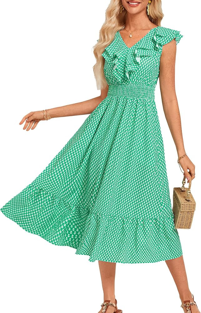 GRACE KARIN Women's Summer Dress Casual Boho Beach V Neck Smocked Waist Front Ruffle Floral Maxi ... | Amazon (US)