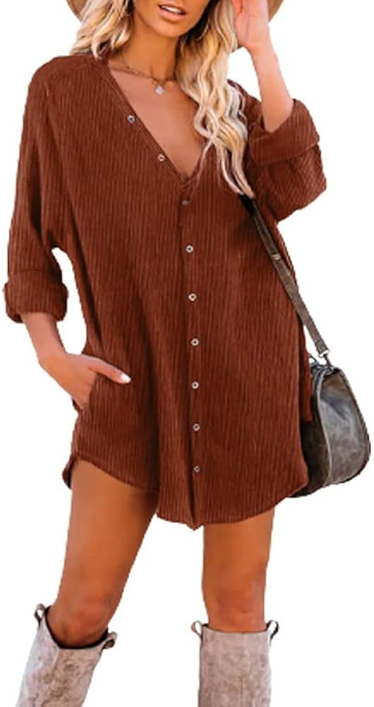 Dokotoo Women's Corduroy Long Sleeve Button Down Shirts Tunic Dresses with Pockets | Amazon (US)