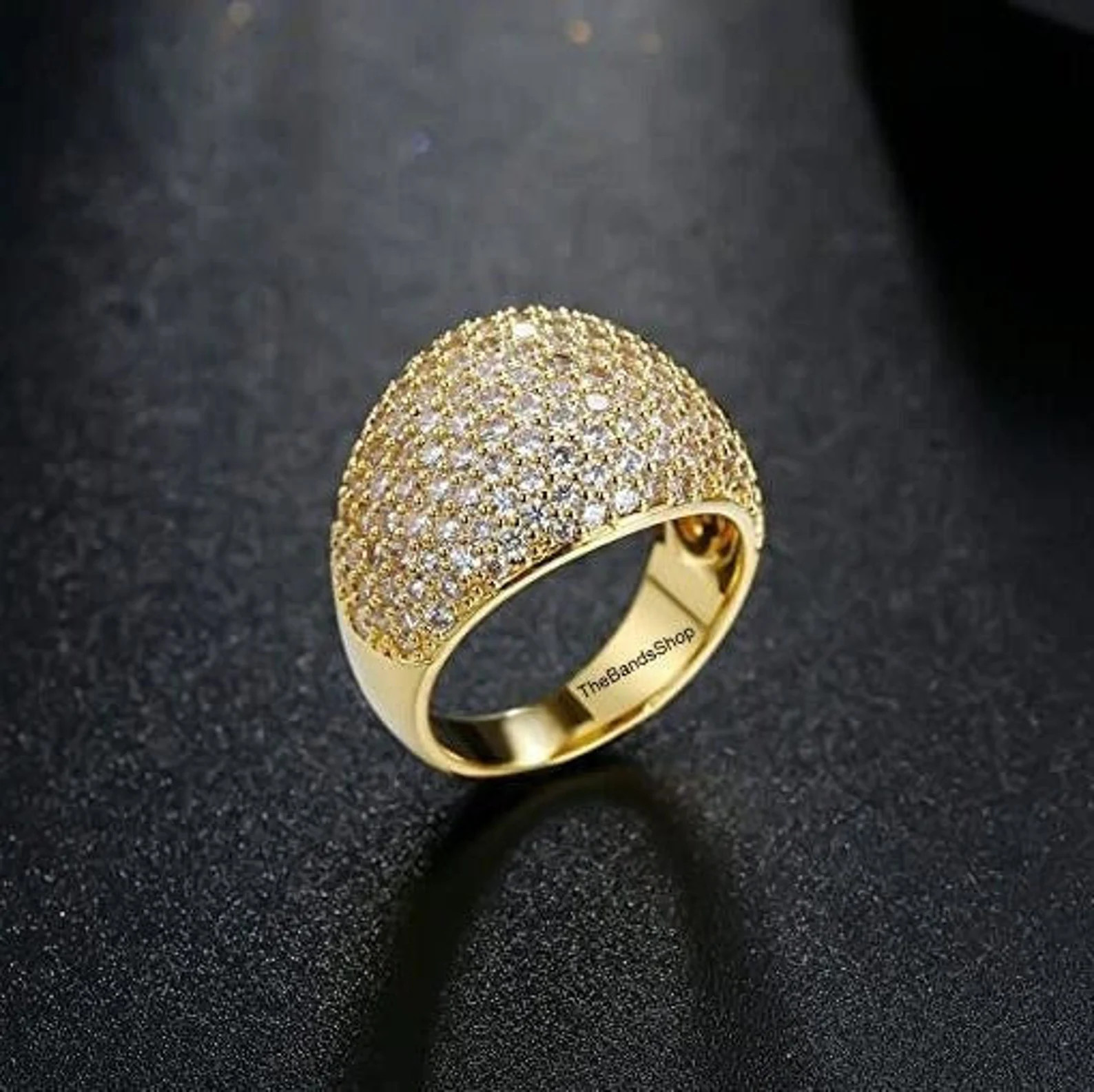 Micro Pave Accents Diamond Ring, 18k Yellow Gold Dome Shank Statement Band, Round Cut Lab Grown D... | Etsy (US)