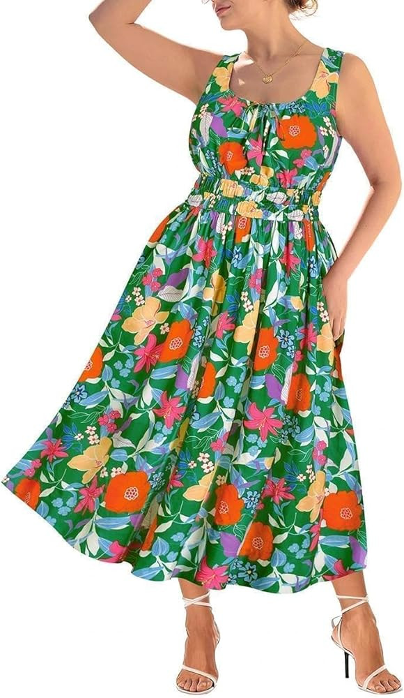 RITERA Women's Spaghetti Strap Dress Plus Size Boho Square Neck Maxi Dresses Beach Sundress Flora... | Amazon (US)