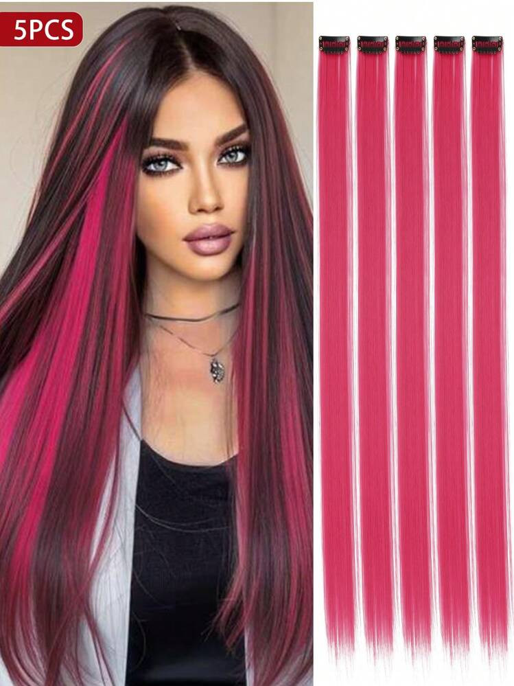 5 PCS Red Colored Clip In Hair Extensions 20 Inch Long Straight Hairpieces Clip In Synthetic, Halloween Cosplay Dress Up Fashion Party Christmas New Year Gift For Women Christmas New Year Carnival Music Festival Use(RED) | SHEIN