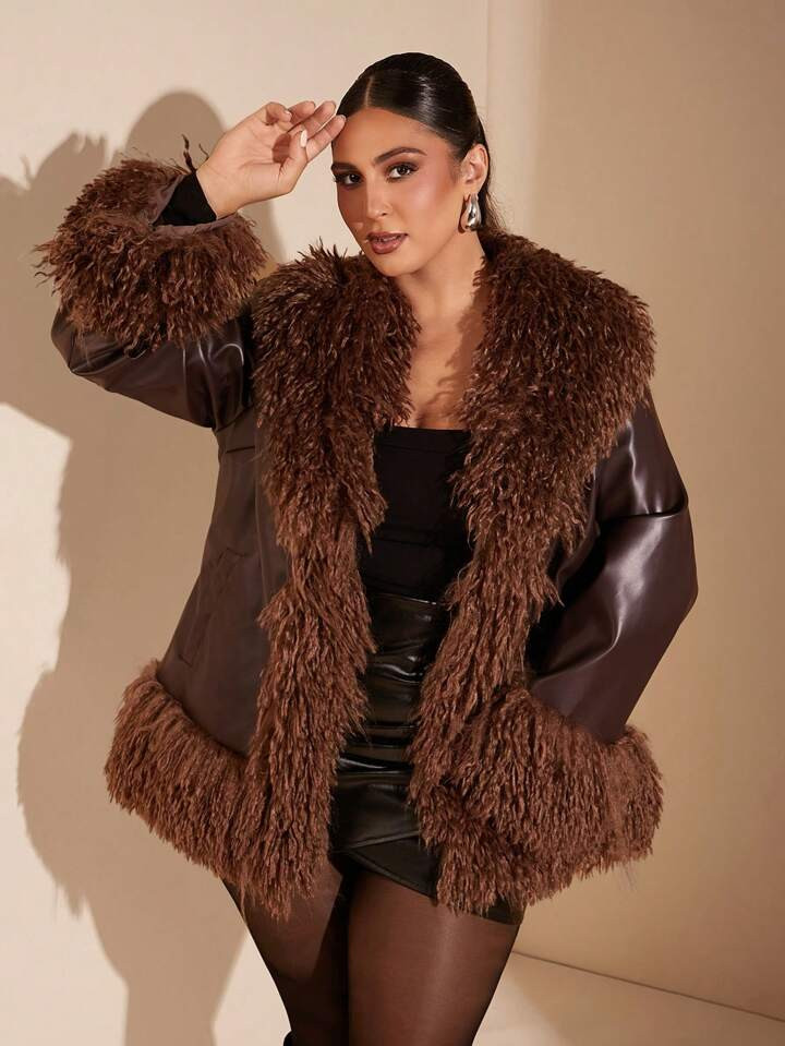 SHEIN BAE Plus Size Fashion Vintage Fuzzy Patchwork Jacket For Autumn/Winter | SHEIN