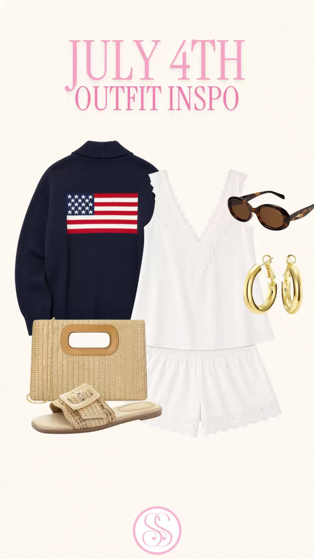 Fourth of July outfit | July 4th outfit women | cotton matching set | Americana style | summer outfit

White cotton set, navy flag sweater, raffia accessories, gold hoops, and the easiest preppy July 4th outfit formula.

The cotton two piece set keeps the outfit light, breathable, and comfortable for summer, while the navy American flag sweater gives it that classic Americana layer for fireworks, beach nights, lake weekends, boat days, and cool restaurant AC.

The whole look feels red, white, and blue without trying too hard: white cotton top, matching cotton shorts, navy flag sweater, raffia sandals, woven bag, tortoise sunglasses, and gold hoop earrings.

Wear this for Fourth of July weekend, fireworks, cookouts, pool parties, beach trips, lake house weekends, boat days, summer travel, vacation mornings, coastal errands, backyard parties, and casual summer nights.

The pieces work separately too: the white cotton set with sandals for vacation, the flag sweater with denim shorts or white jeans, the raffia bag with every summer dress, and the gold hoops with everything.

Fourth of July outfit, July 4th outfit, 4th of July outfit women, red white and blue outfit, Americana outfit, patriotic outfit women, cotton matching set, white matching set, cotton two piece set, white two piece set, summer set women, summer outfit, summer outfits women, summer outfit idea, lake weekend outfit, beach vacation outfit, boat outfit, pool party outfit, flag sweater, American flag sweater, navy sweater, raffia sandals, woven bag, gold hoops, preppy summer outfit, coastal style, New England summer, East Coast summer outfit

#LTKFindsUnder50 #FourthofJulyOutfit #AmericanaStyle #TwoPieceSet #SummerOutfits #MatchingSet #PreppyStyle #LookForLess

#LTKSeasonal #LTKPetite #LTKSwim