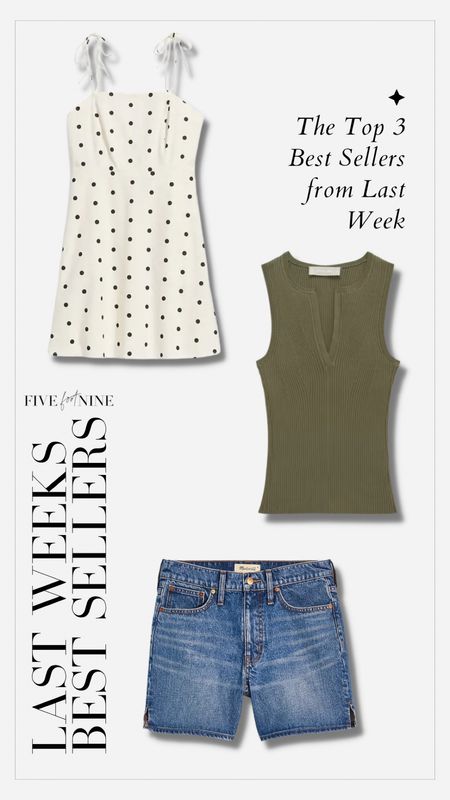 Best sellers, polka dot dress, 5” jean shorts, vneck sweater tank 

#LTKunder100 #LTKSeasonal