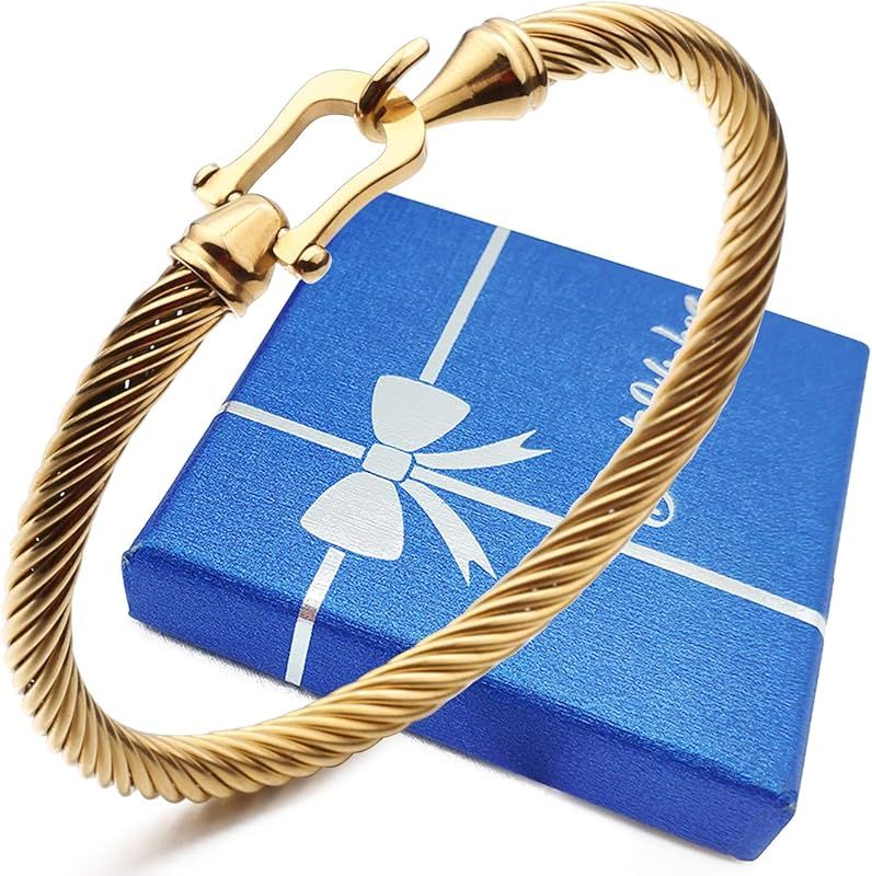 Twisted Cable Bracelet Stylish Fine Stainless Steel Cable Cuff Bracelet with Hook Clasp Bracelets Je | Amazon (US)