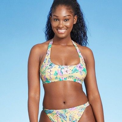 Juniors' Halter Bralette Bikini Top - Xhilaration™ Yellow Tropical Print | Target