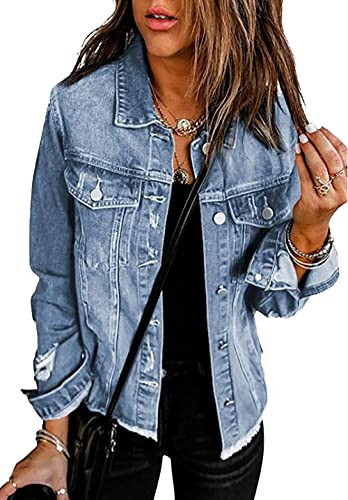 Necooer Ripped Distressed Boyfriend Raw Hem Vintage Jean Jacket Women Long Sleeve Denim Jacket Coat (Large,B-Light Blue) | Amazon (US)