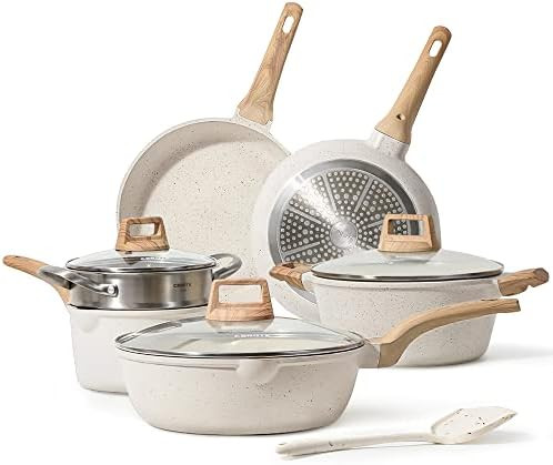 CAROTE Pots and Pans Set Nonstick, White Granite Induction Kitchen Cookware Sets, 10 Pcs Non Stic... | Amazon (US)
