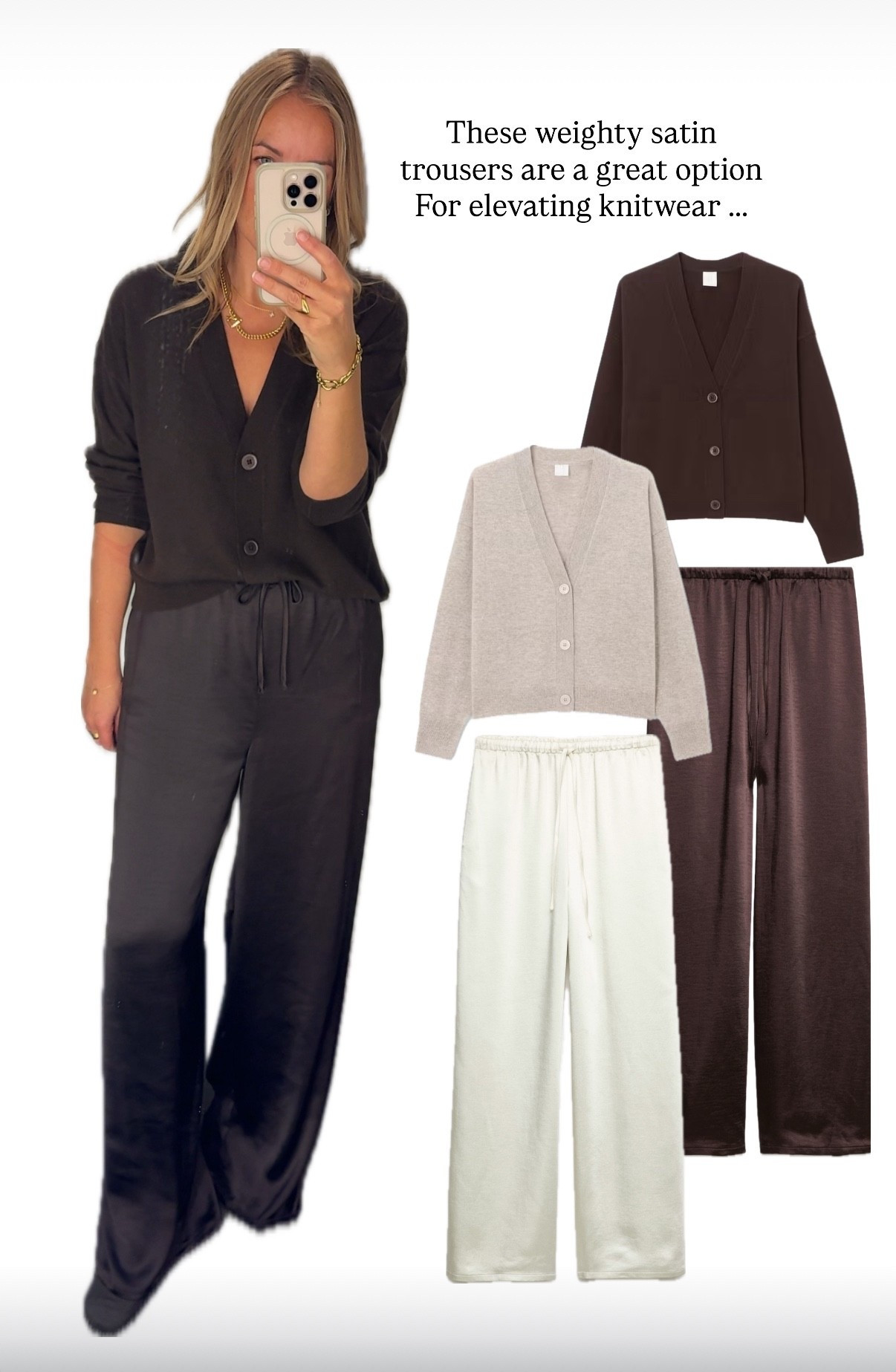 These are a lovely satin trouser 
Relaxed fit with drawstring waist and pockets . 
They come up long - I’m wearing a U.K. 14 long and I prefer the U.K. 16 regular on me ( the 14 just catches on my hip and I prefer looser) 
They look great with this shorter cashmere cardigan - either tucked or loose. I wear a U.K. 16 in the cardigan  and its beautiful quality. 

#LTKautumn #LTKdatenight #LTKwinter