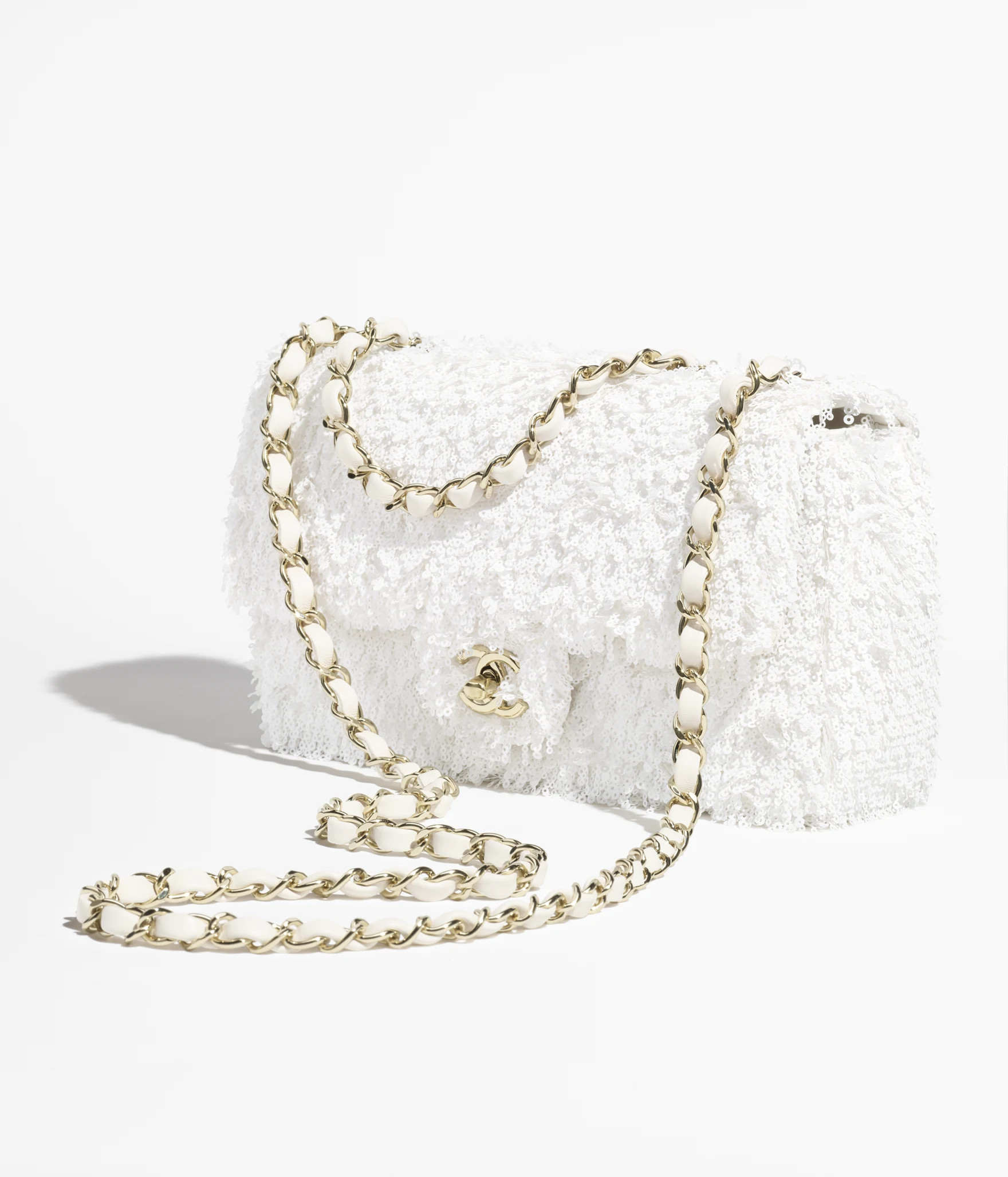 Evening bag, Fringed sequins & gold-tone metal, white — Fashion | CHANEL | Chanel, Inc. (US)