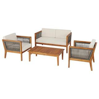 Hampton Bay Willow Glen Farmhouse 4-Piece Wood Patio Conversation Set with Teak Finish and Beige ... | The Home Depot