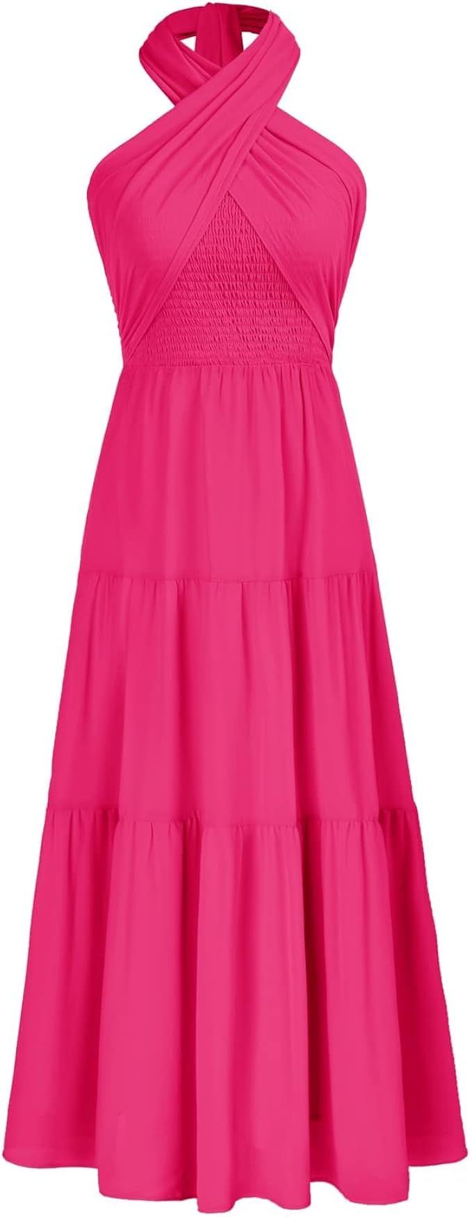 GRACE KARIN Women's 2023 Summer Casual Dress Halter Neck Sleeveless Smocked A Line Flowy Midi Dre... | Amazon (US)