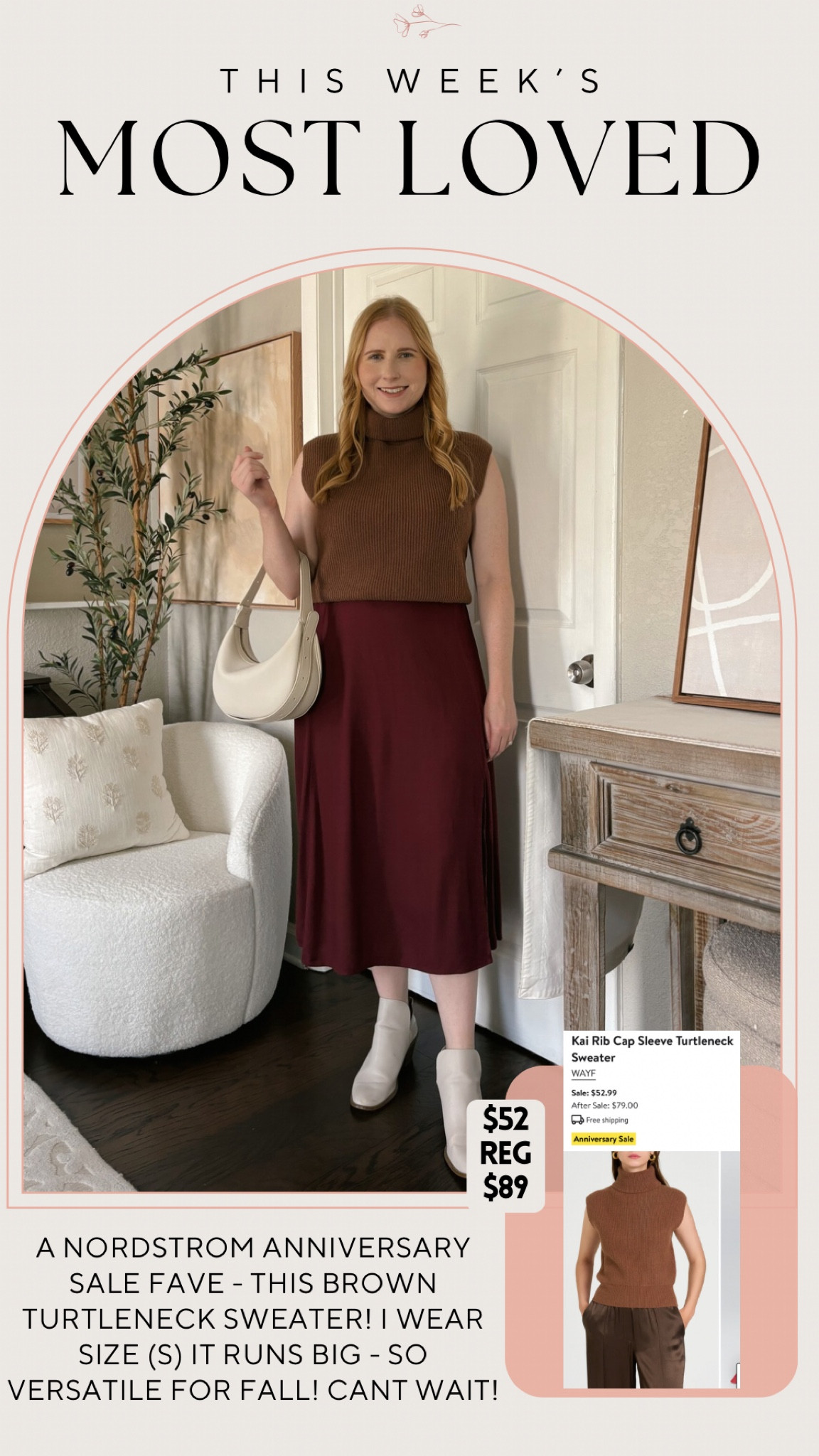 WAYF Kai Rib Cap Sleeve Turtleneck Sweater - size Small - I love this soft rib knit sweater I took this one home with me!! A great fall basic for my fall wardrobe this year 🍁 I’m so excited I picked this one up in the dark brown  - it’s coming back in and out of stock this week from what I’ve seen!! Size down (it runs big) - styling it with a new old navy midi skirt (size medium) I love these colors together!! 

#LTKxNSale #LTKBacktoSchool #LTKSeasonal