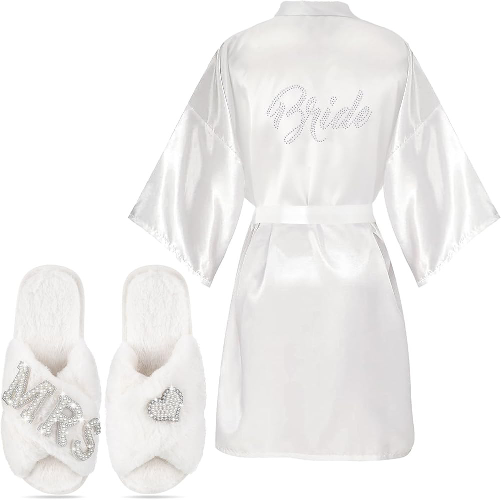 Mepase 2 Pcs Bride Gifts Bride Robe with Slippers Satin Rhinestone Wedding Day Robe Slippers for ... | Amazon (CA)