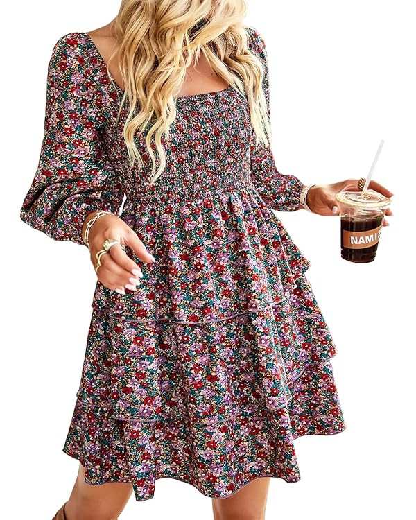 BTFBM Women Square Neck Smocked Dresses 2024 Summer Fall Long Sleeve Floral Swiss Dot Ruffle Part... | Amazon (US)