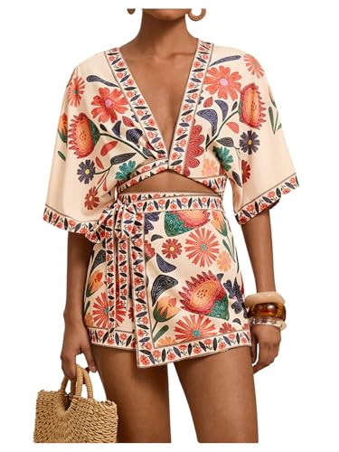 RoseSeek Women's 2 Piece Outfits Half Sleeve Crop Blouses and Wrap Skirts Set Boho Beach Vacation Clothes Pink Small | Amazon (US)