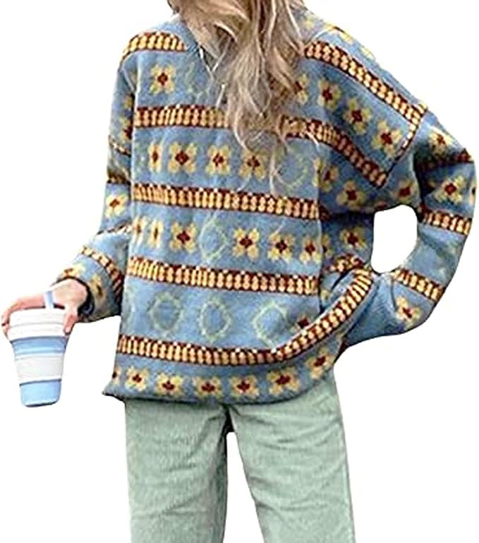 SUNSIOM Women/Girl 's Check Knit Sweater Cardigans Knitwear 2000s Long Sleeve Vintage Cropped Top 90 | Amazon (US)