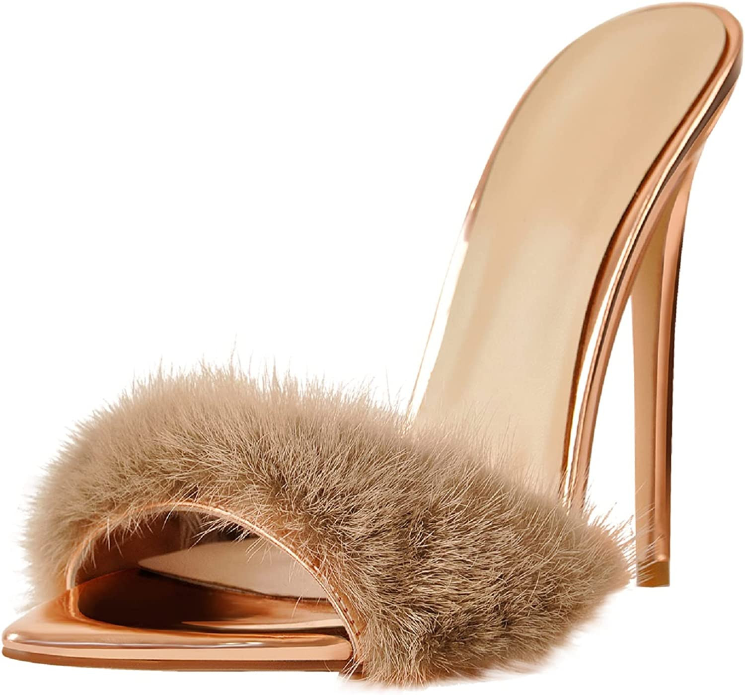 Rose gold and brown fur heel slide | Amazon (US)