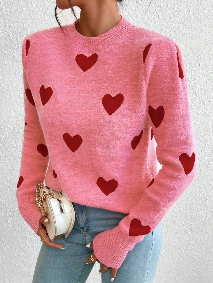 SHEIN Essnce Heart Pattern Long Sleeve Sweater | SHEIN