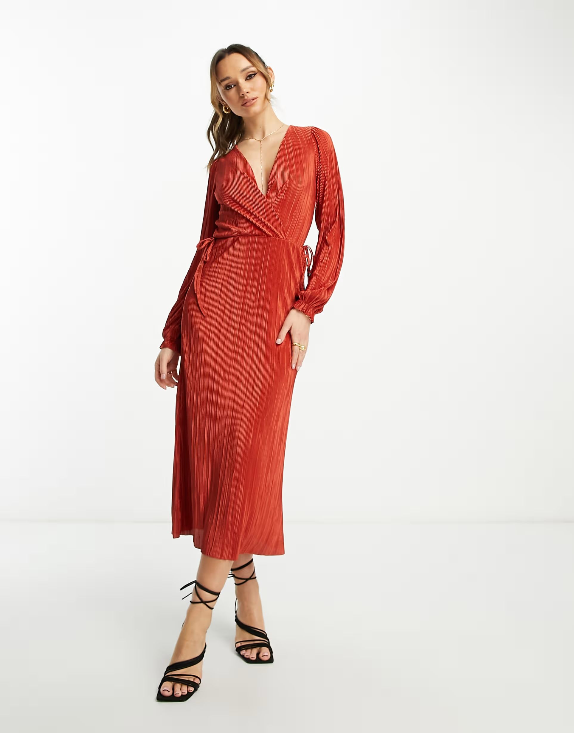 ASOS DESIGN wrap front side tie plisse midi dress in rust | ASOS (Global)