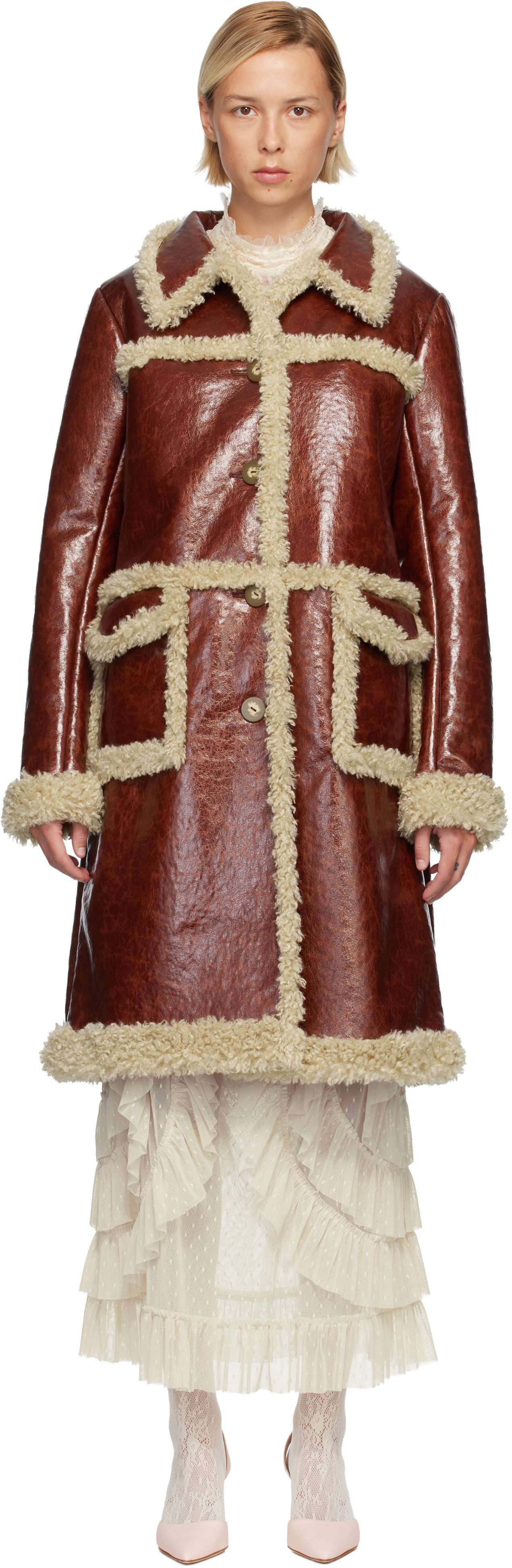 Anna Sui Brown Curly Lamb Trim Faux-Leather Coat | SSENSE