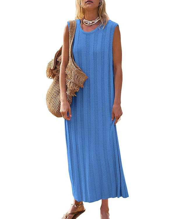 Fisoew Women's Summer Sleeveless Maxi Dress Scoop Neck Ribbed Knit Tank Top Dresses | Amazon (US)