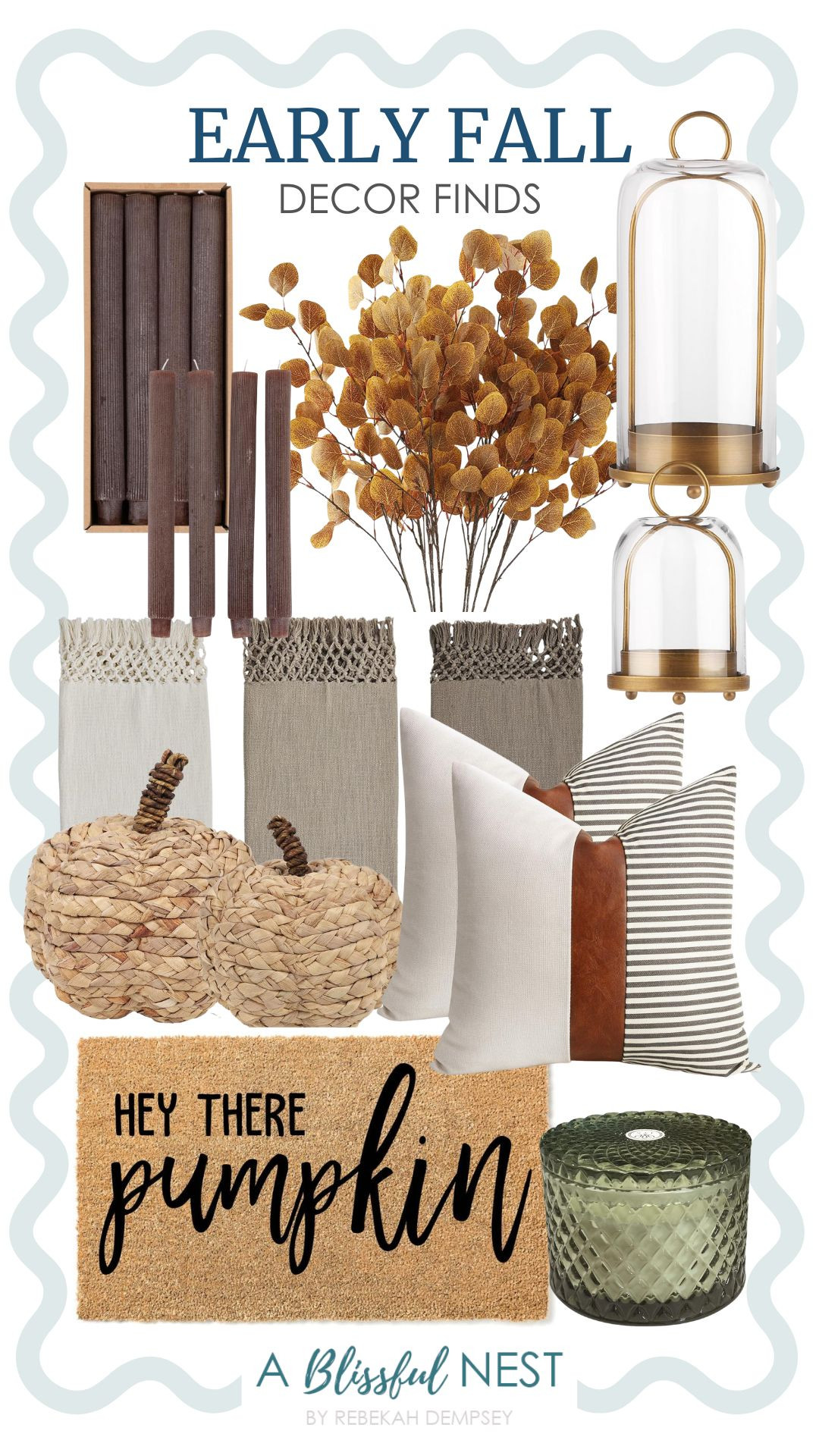 Give your home a subtle seasonal refresh with these beautiful early fall finds. Shop here.

Farmhouse decor stripe throw pillow, artificial fall eucalyptus leaves, Sand + Fog scented candle, macrame throw blanket, woven pumpkin fall decor, metal candle holder, Hey There Pumpkin door mat, unscented pleated taper candles.  

 #LTKSeasonal #LTKHome