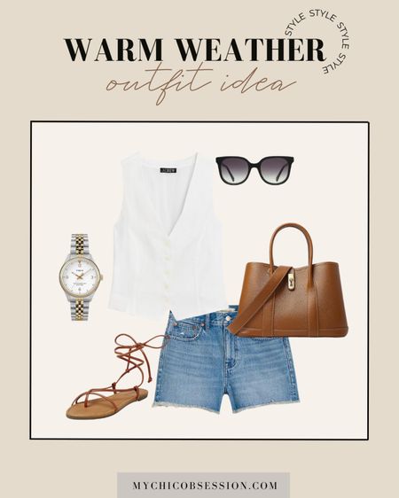 Style this chic and simple summer outfit with a white linen vest, and classic denim shorts. Accessorize with strappy leather sandals, a top handle bag, a mixed metal watch, and sunglasses.

#LTKstyletip #LTKSeasonal