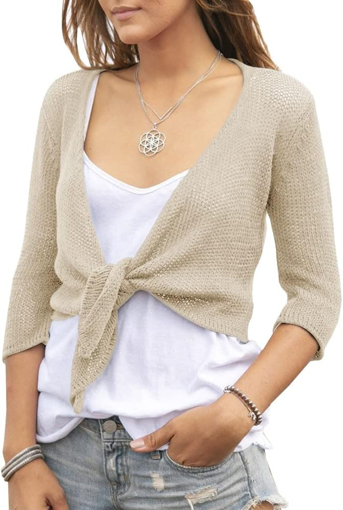 YeMgSiP Women's Tie Front Shrug 3/4 Sleeve Bolero Sheer Knotted Lightweight Cardigan Sweaters Sho... | Amazon (US)