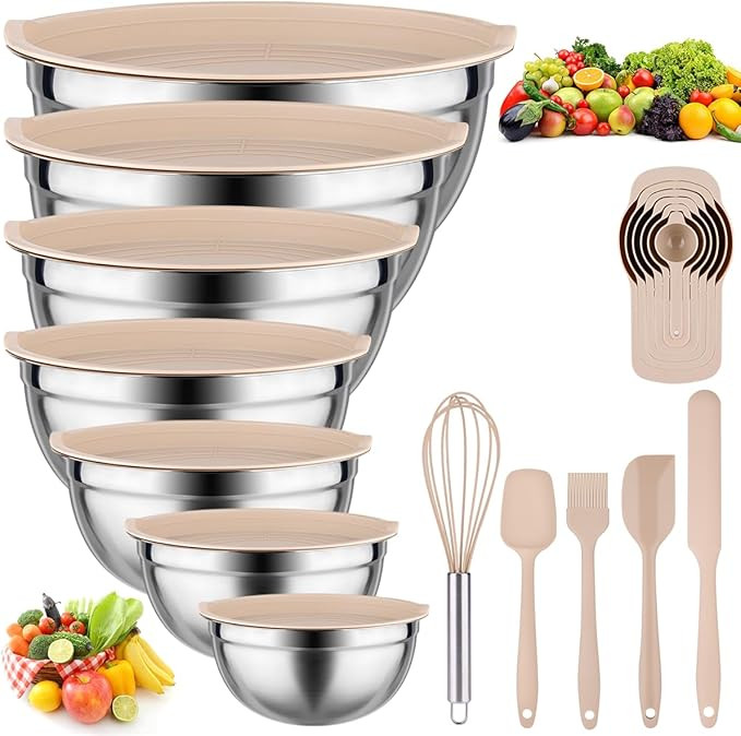 Mixing Bowls with Lids set - 25 PCS Stainless Steel Nesting Khaki Mixing Bowls Set for Baking,Mix... | Amazon (US)