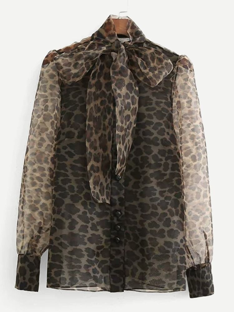 Organza Pussybow Leopard Sheer Blouse | SHEIN
