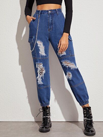 Flap Pocket Ripped Jeans With Chain | SHEIN